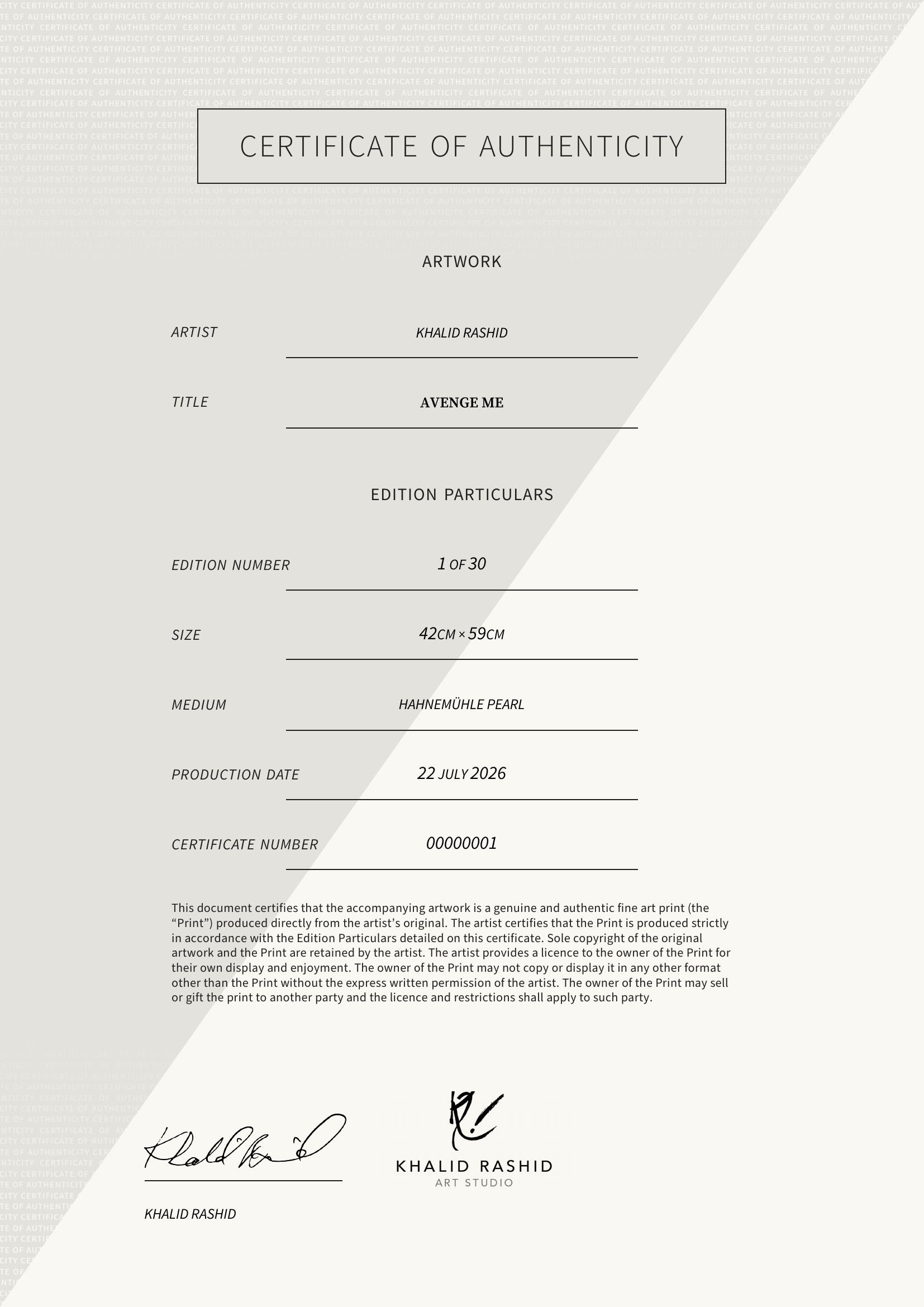 Avenge Me — Certificate of Authenticity