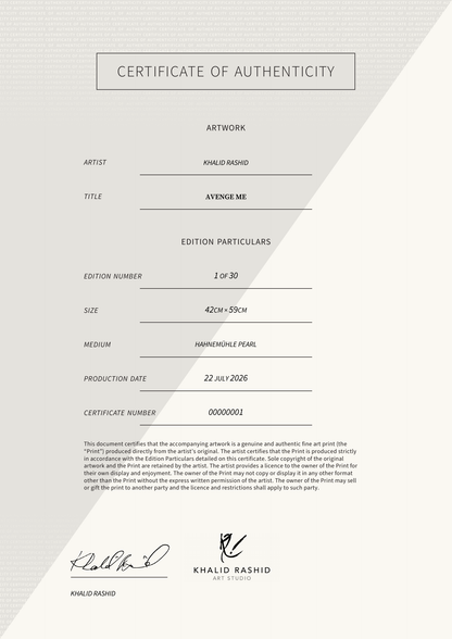Avenge Me — Certificate of Authenticity