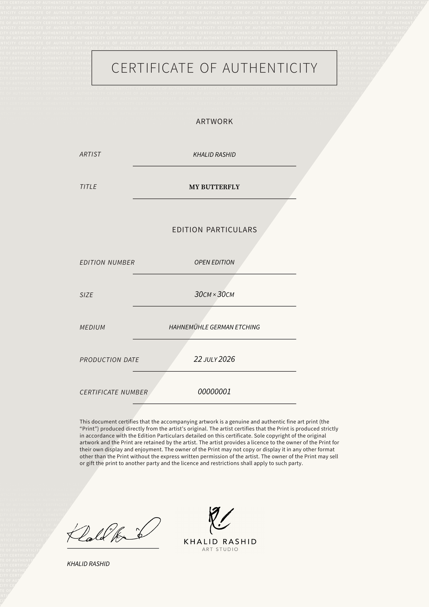 My Butterfly — Certificate of Authenticity