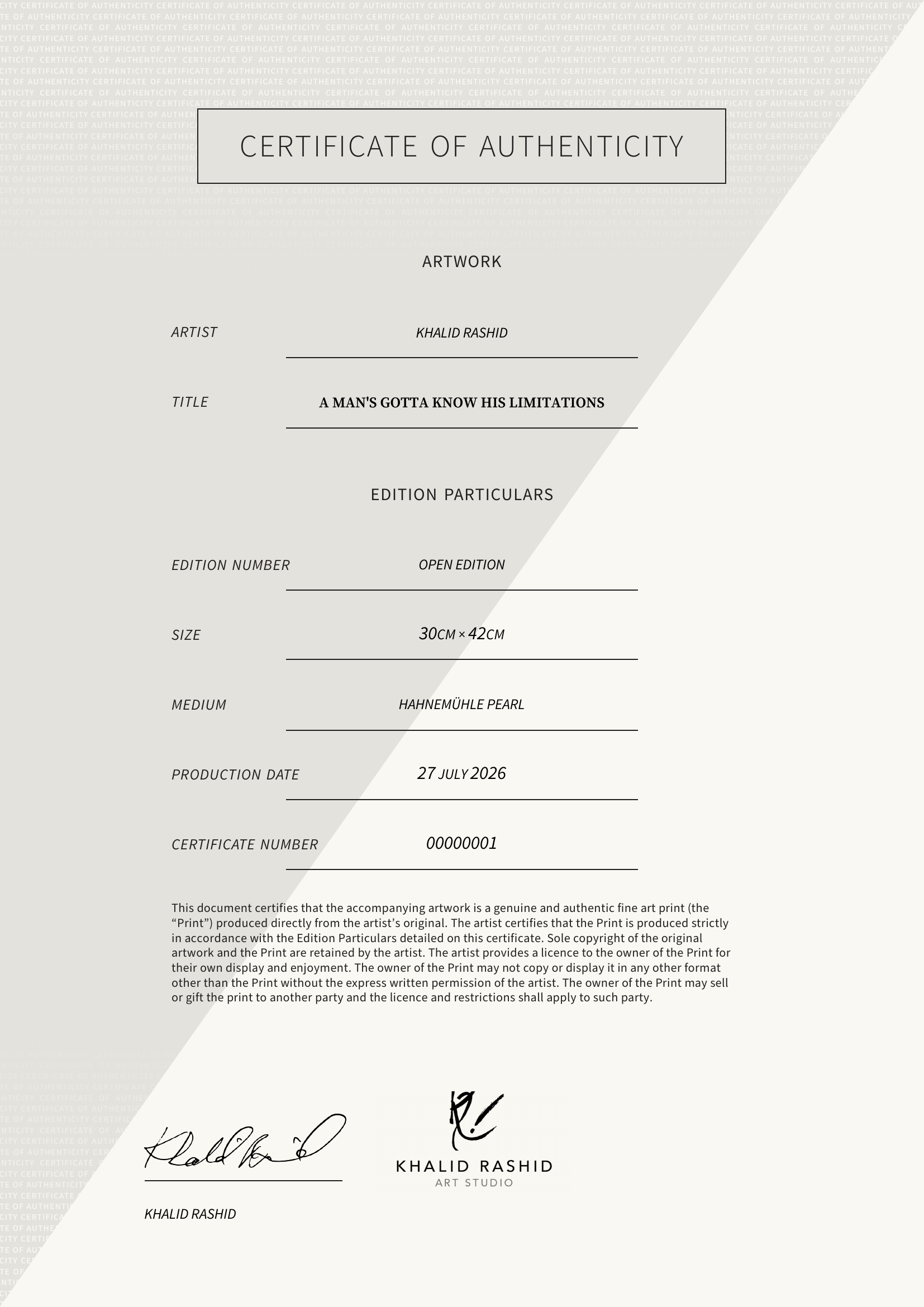 A Man's Gotta Know His Limitations — Certificate of Authenticity
