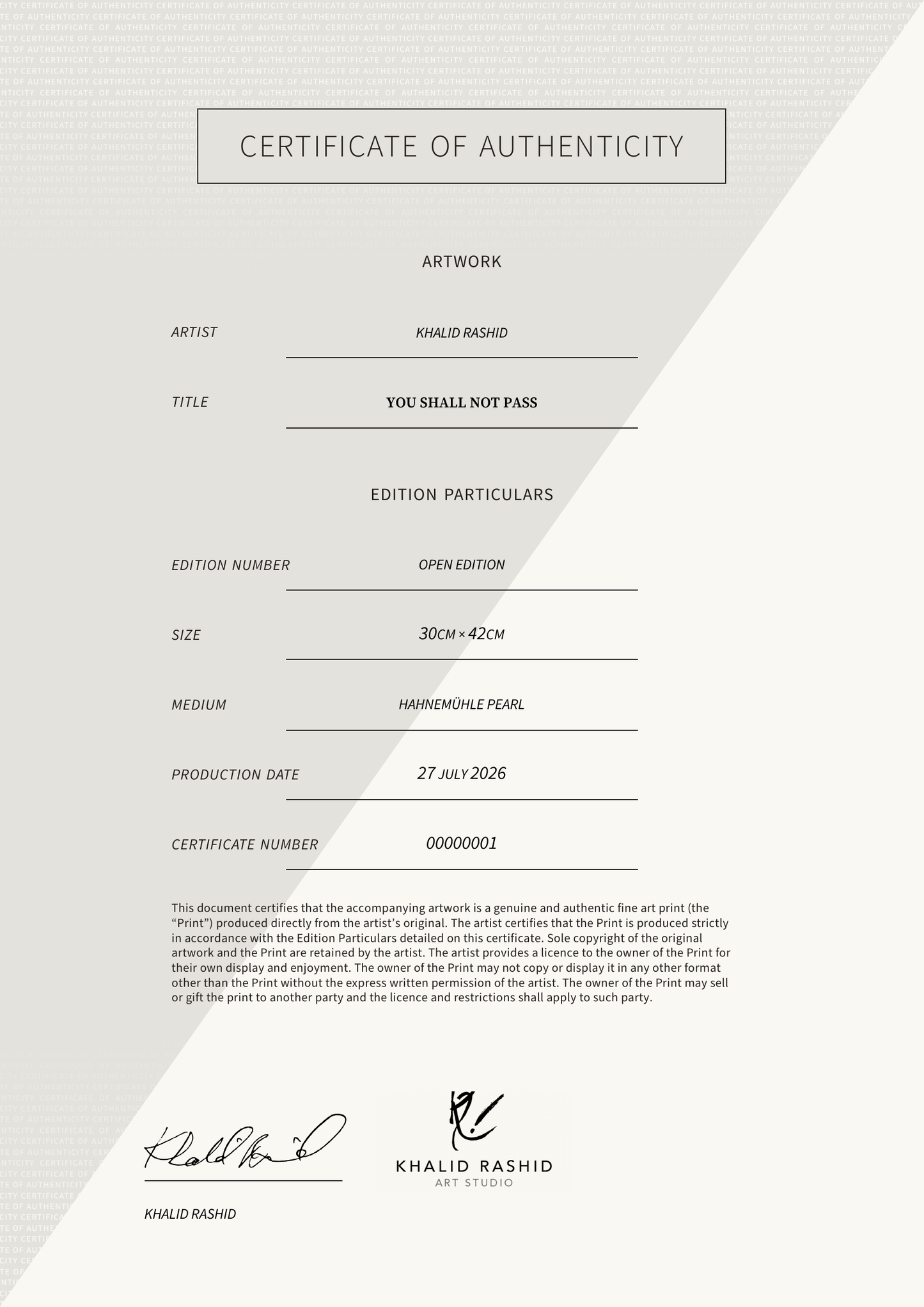 You Shall Not Pass — Certificate of Authenticity