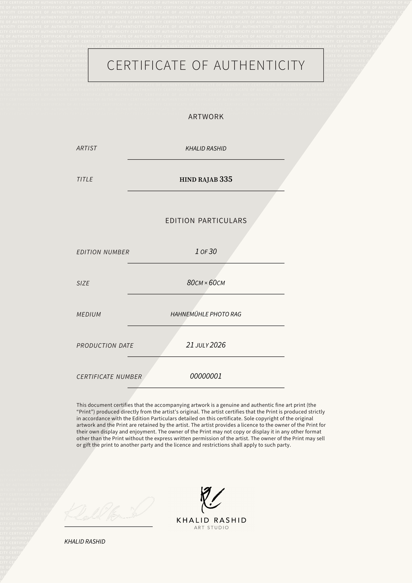 Hind Rajab 335 — Certificate of Authenticity