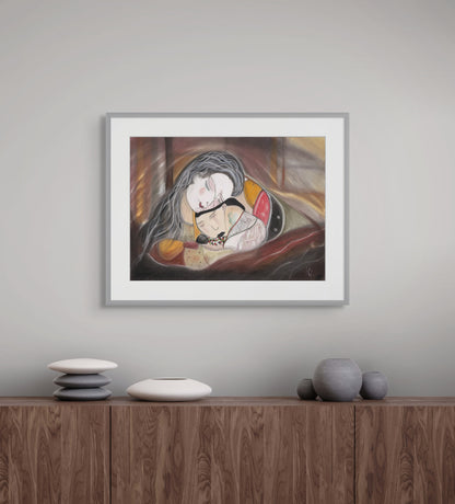 Framed limited edition fine art print Hind Rajab 335 featuring a serene figure in a minimalist setting.