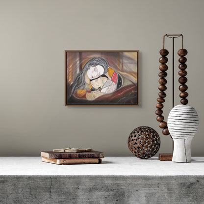 Limited edition fine art print Hind Rajab 335 featuring a woman intimately holding a child, displayed in a modern interior.