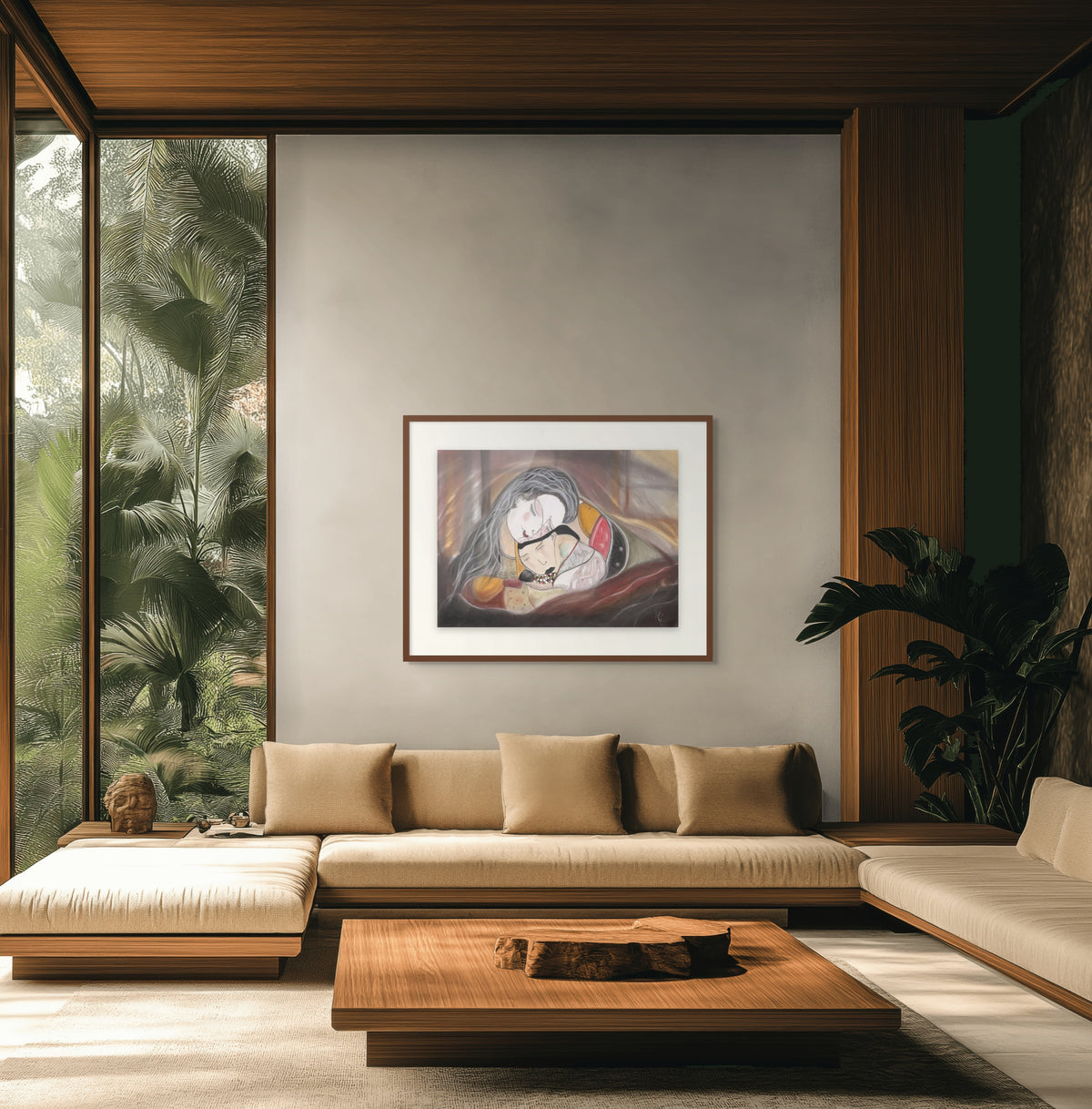 Limited edition fine art print Hind Rajab 335 displayed in a modern living room with natural light and plants.