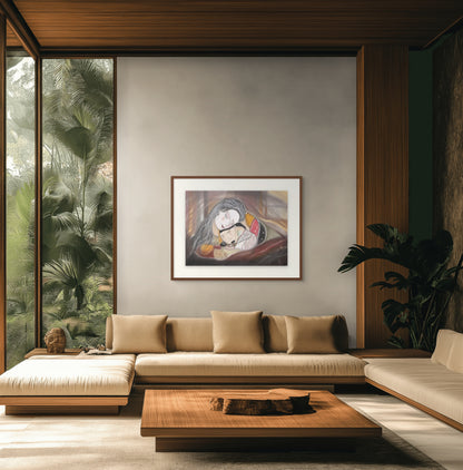 Limited edition fine art print Hind Rajab 335 displayed in a modern living room with natural light and plants.