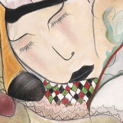 limited edition fine art print Hind Rajab 335, artwork depicting a serene figure with colorful details and a tranquil expression.
